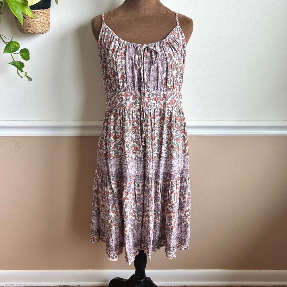Angie Floral Midi Dress Large Multi Color Tiered Rayon Boho Adjustable Straps